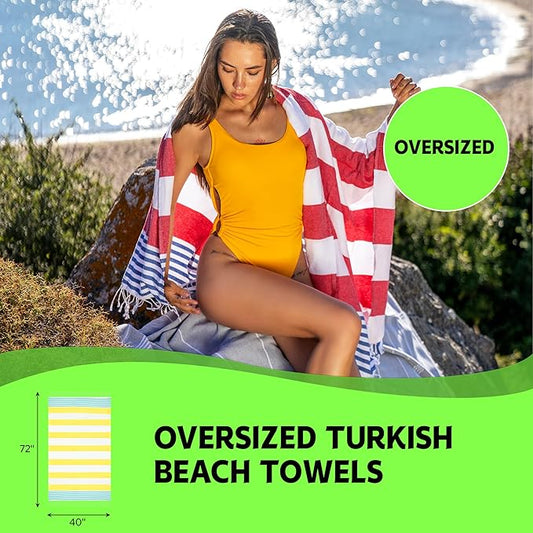 HAVLULAND Turkish Beach Towel, Bath Towels, Oversized 72"X40", Quick-Dry, Absorbent, Lightweight, Compact, Sand-Resistant, Travel-Friendly, 100% Cotton, Cabana Striped Soft Pool Towels - Pack of 6 -