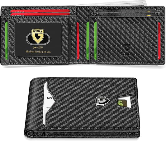 GSOIAX Mens Slim Wallet for Men Minimalist Genuine Leather Carbon Fiber Rfid Blocking Bifold Credit Card Holder With Gift Box (Carbon)
