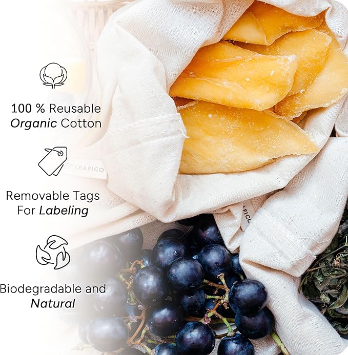 LEAFICO Organic Cotton Reusable Produce Bags - Small 5x7 (12 Pack) - Biodegradable Eco-Friendly Bulk Bin Sacks for Food - Cloth Bags with Drawstrings - Linen Pouch for Fruit, Vegetable Storage