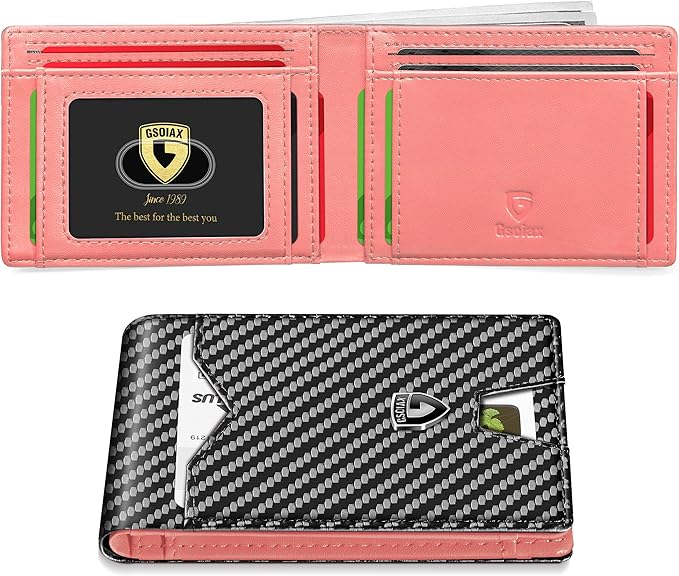 GSOIAX Mens Slim Wallet for Men Minimalist Genuine Leather Carbon Fiber Rfid Blocking Bifold Credit Card Holder With Gift Box (Pink and Carbon Black)