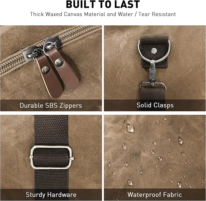 Wildroad Waxed Canvas Genuine Leather 50L Waterproof Duffle Bag - Vintage Travel Weekender Overnight Carry On