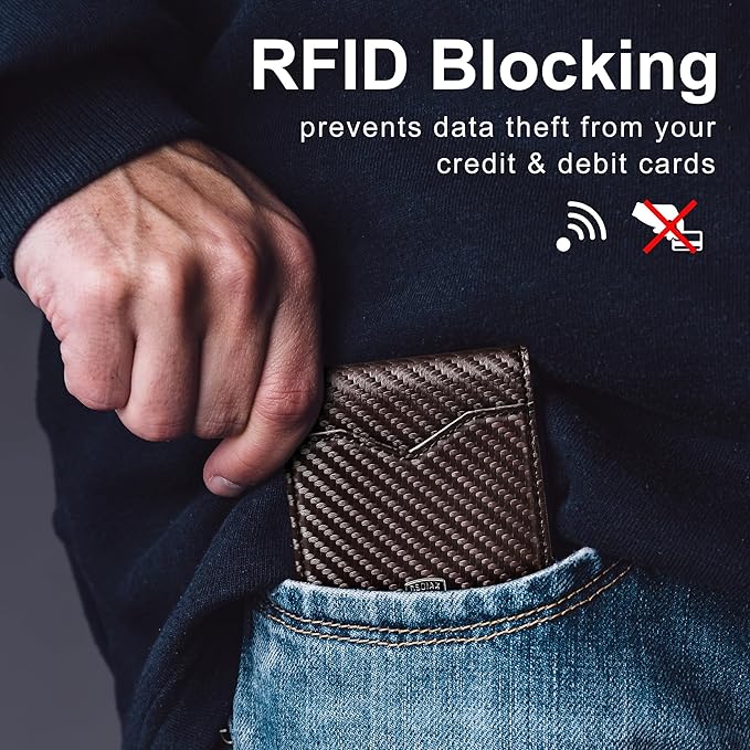 GSOIAX Mens Slim Wallet for Men Minimalist Genuine Leather Carbon Fiber Rfid Blocking Bifold Credit Card Holder With Gift Box (Carbon Coffee)