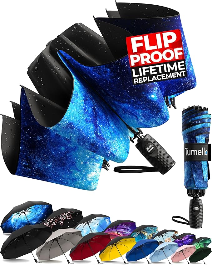 TUMELLA Flip-proof Inverted Travel Umbrella, Small Strong but Light Portable and Automatic Reverse Folding Rain Umbrella, Durable Premium Grip, Fits Car & Backpack