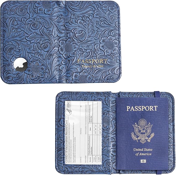 lizimandu Passport Holder with Airtag Slot, Airtag Passport Wallet for Men Women, Slim Leather Passport Holder Case Family for Travel Anti-Lost(1-Carved Blue)