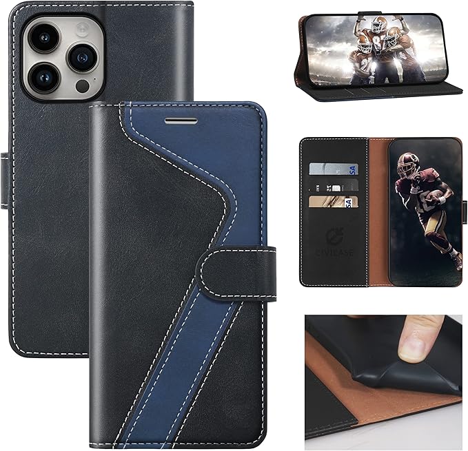 CIVICASE for iPhone 14 Pro Max Wallet Case,Leather Flip Case [RFID Blocking] Credit Card Holder Folio Magnetic Stand TPU Shockproof Cover Color Matching for iPhone 14 Pro Max (6.7") Black Blue