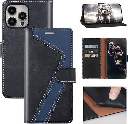 CIVICASE for iPhone 14 Pro Max Wallet Case,Leather Flip Case [RFID Blocking] Credit Card Holder Folio Magnetic Stand TPU Shockproof Cover Color Matching for iPhone 14 Pro Max (6.7") Black Blue