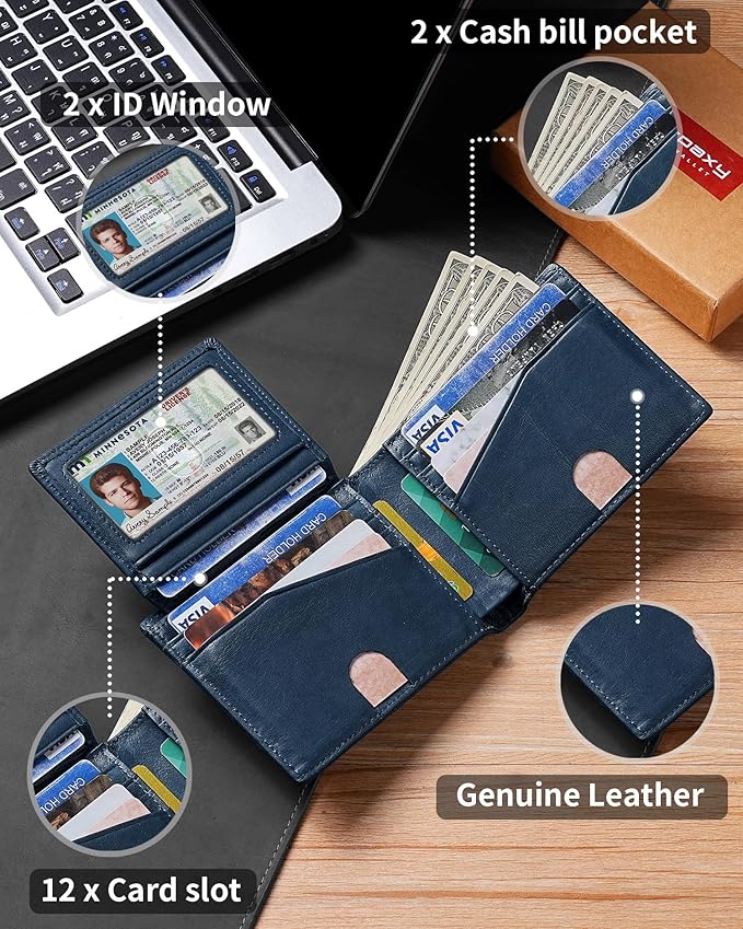 Artpaxy Mens Wallet Bifold Genuine Leather RFID Blocking Wallet for Men with 2 ID Windows 12 Card Holders 2 cash pockets 1 Gift Box