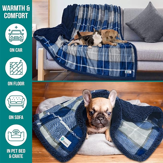 PetAmi Dog Blanket for Medium Large Dogs, Pet Bed Blanket Cat Puppy Kitten, Fleece Furniture Couch Cover Protector Sofa Car, Soft Sherpa Dog Throw Plush Reversible Washable, 40x60 Plaid Navy Blue