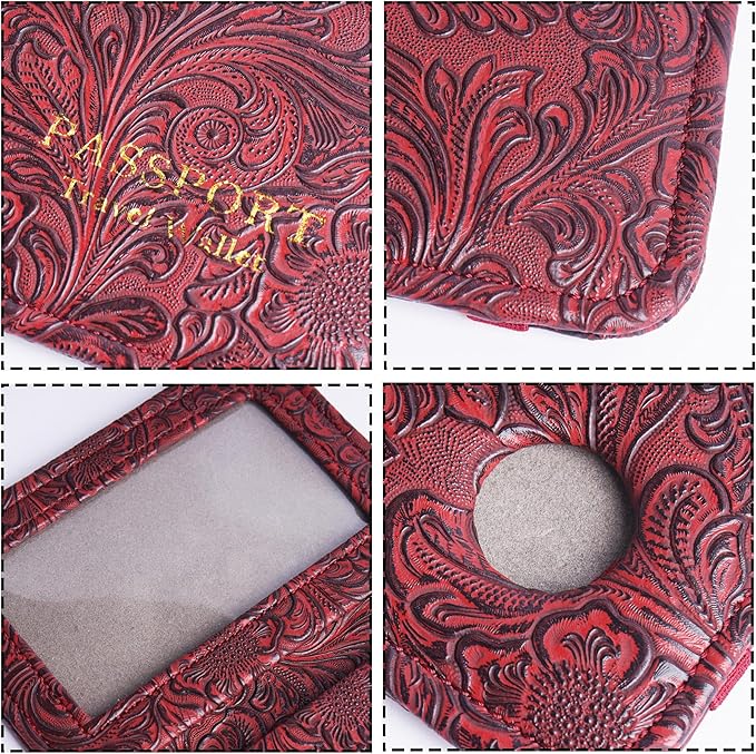 lizimandu Passport Holder with Airtag Slot, Airtag Passport Wallet for Men Women, Slim Leather Passport Holder Case Family for Travel Anti-Lost(1-Carved Red)