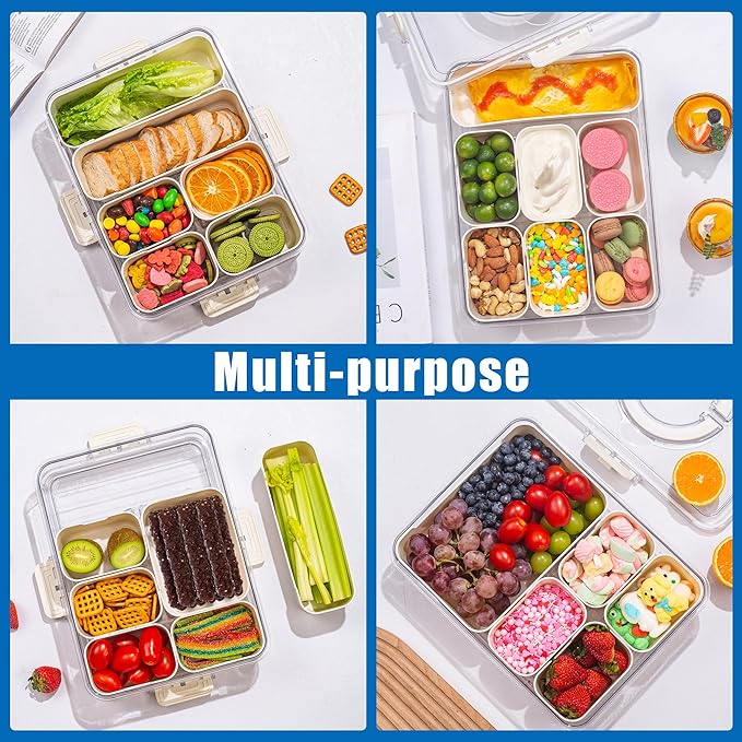 Bandesun Divided Serving Tray with Lid and Handle - Clear Organizer for Candy, Fruits, Nuts, Snacks - Perfect for Party, Entertaining - Snackle Box Charcuterie Container for Portable Snack Platters