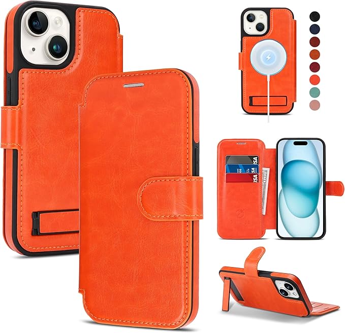 CIVICASE for iPhone 15 Wallet Case with Stand,PU Leather Flip Credit Card Holder Slots (RFID Blocking),Compatible with Magsafe Magnetic Holder Phone Cover Women Men, Orange