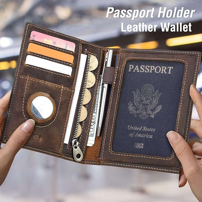 Top Grain Leather Single Travel Passport Wallet Holder for Man & Woman, Folio Design for Passport & Multi Cards, RFID Blocking Large Capacity for Passport/Cards/Checks/Bills/AirTag, Coffee