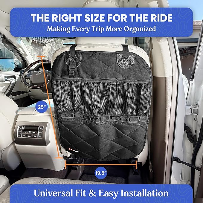 4Knines Car Seat Back Organizer – Heavy-Duty Kick Mat w/Mesh Storage Pockets, Bottle Hook – UV-Resistant Hardware – Waterproof Backseat Organizer for Kids & Pets – Fits SUVs, Trucks, Cars – Black