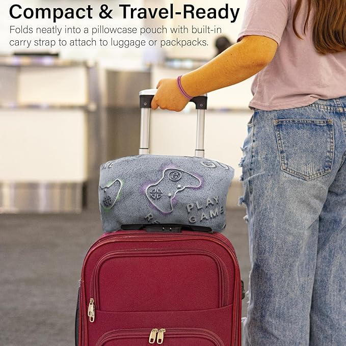 NAPRO Kids 3-in-1 Travel Blanket and Pillow Combo, Convertible Infinity Scarf, Lightweight Neck Support for Airplane, Car & Camping, Glow-in-The-Dark - Gamer