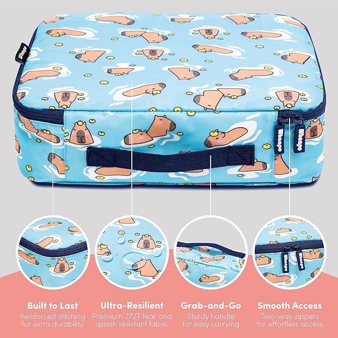 4 Pieces Capybara Cute Packing Cubes - Travel Organizer - Suitcase Organizers for Carry On Luggage - Kids And Diaper Bag - Fun Accessories - Drawstring Laundry Bag
