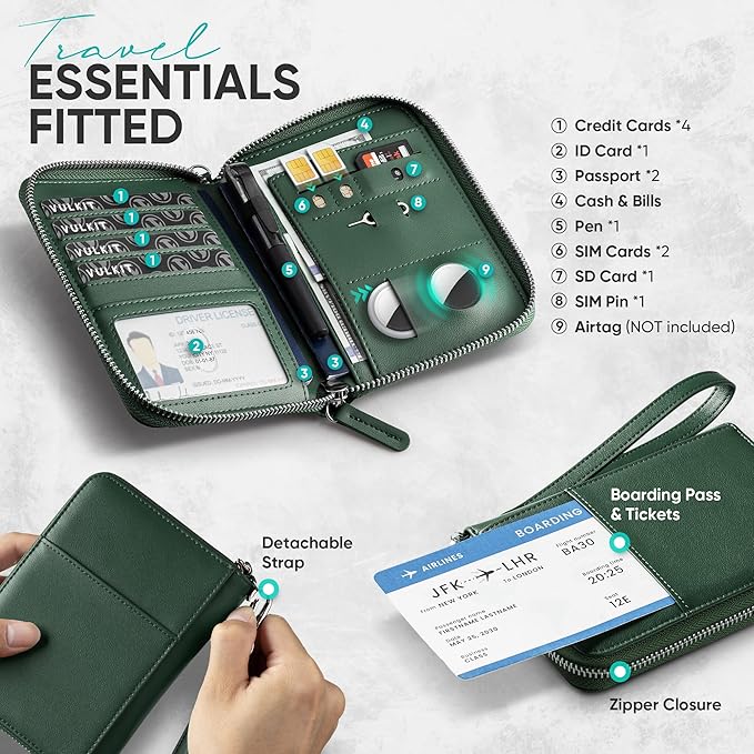VULKIT Passport Holder for Travel with Airtag Slot, Premium Nappa Leather, RFID Blocking, Zipper Closure with Wrist Strap, Travel Document Organizer
