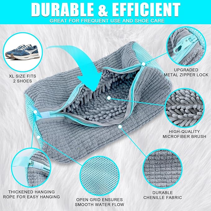XXL Shoe Washing Machine Bag - 2-Pack Reusable Shoes Cleaning Bags, 360° Deep Clean for Tennis Shoes, Sneakers and Slippers, Includes 2 Shoe Storage Dust Bags (Gray)