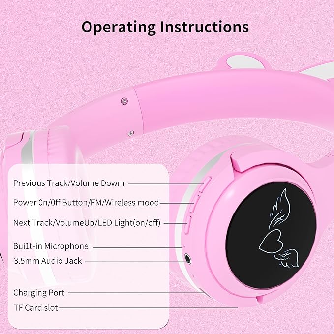 Kids Wireless Headphones with 7-Color RGB LED Lights, Long Playtime, Ultra-Soft Over-Ear for School Travel, Pink Butterfly Wings