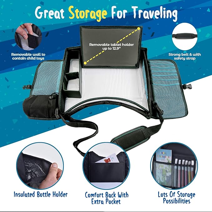 3 PK - Kids Car Seat Activity Tray | Inspire Active Toddlers & Big Kids for Years! Dry-Erase White Board & Eating Snack Travel Tray with No-Drop Tablet iPad Holder Stand & Art Supplies Storage Pocket