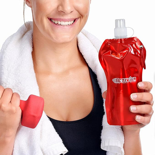 USA Merchant | Collapsible Reusable Water Bottle with Carabiner Clip Light Weight Leak Proof Foldable Drinking Water Bottle Non Toxic BPA Free - 16.9 oz 4 Pack (Pink, Purple, Red, Clear)