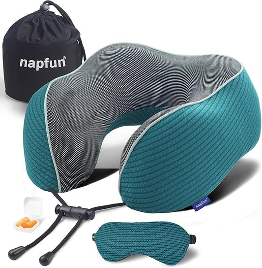 napfun Neck Pillow for Traveling, Upgraded Travel Neck Pillow for Airplane 100% Pure Memory Foam Travel Pillow for Flight Headrest Sleep, Portable Plane Accessories, Teal Set, Medium (120-200LB)