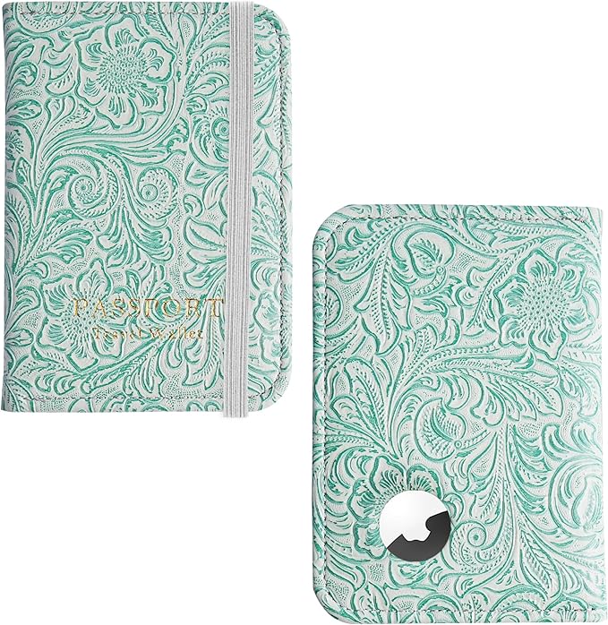 lizimandu Passport Holder with Airtag Slot, Airtag Passport Wallet for Men Women, Slim Leather Passport Holder Case Family for Travel Anti-Lost(1-Carved Green2)