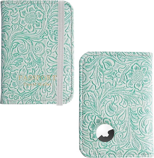 lizimandu Passport Holder with Airtag Slot, Airtag Passport Wallet for Men Women, Slim Leather Passport Holder Case Family for Travel Anti-Lost(1-Carved Green2)
