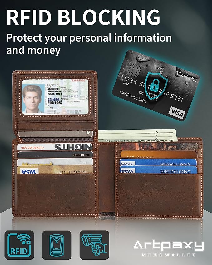 Artpaxy Mens Wallet Genuine Leather Bifold RFID Blocking Wallet for Men with 2 ID Windows 12 Card Holders 2 cash pockets 1 Gift Box