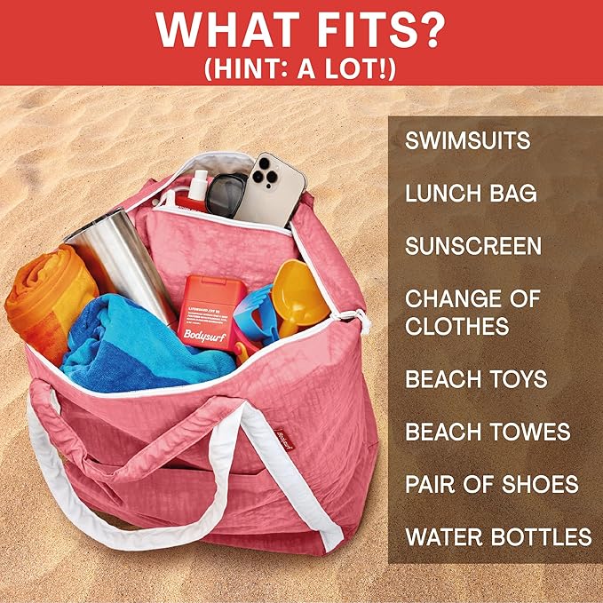Bodysurf Beach Bags Waterproof Sandproof - Packable Foldable Nylon Zipper Tote Bag for Travel Lightweight, Pool, Boat, Cruise