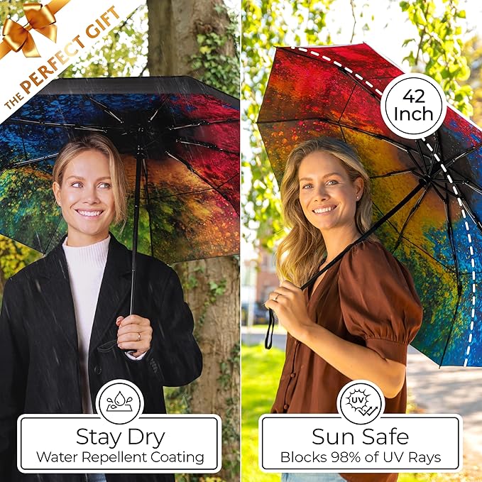 TUMELLA Strongest Windproof Travel Umbrella (Compact, Superior & Beautiful), Small Strong but Light Portable and Automatic Folding Rain Umbrella, Durable Premium Grip, Fits Car & Backpack