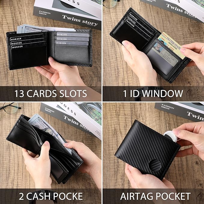 Swallowmall AirTag Wallet Mens RFID Blocking Genuine Leather Bifold Men's Wallet For air tag with 1 ID Window 13 Card Holders BlackStripe(Airtag Not included)