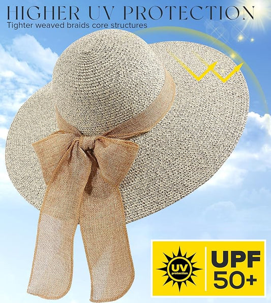 Beach Sun Hats for Women,Wide Brim Straw Hat Floppy Packable UPF 50+ UV Protection with for Summer