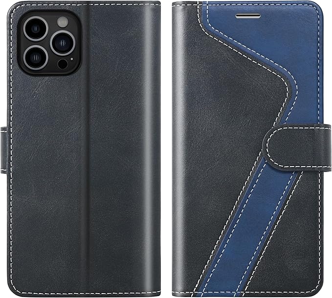 CIVICASE for iPhone 12/iPhone 12 Pro Wallet Case,Leather Flip Case [RFID Blocking] Credit Card Holder Folio Magnetic Stand TPU Shockproof Cover Color Matching for iPhone 12/iPhone 12 Pro,Black Blue