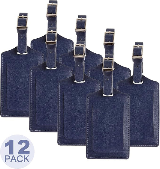 Travelambo 12 Pack Luggage Tags Faux Leather for Suitcases Travel Bag Labels with Protection Cover ID (Deep Blue)