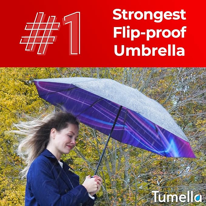 TUMELLA Flip-proof Inverted Travel Umbrella, Small Strong but Light Portable and Automatic Reverse Folding Rain Umbrella, Durable Premium Grip, Fits Car & Backpack