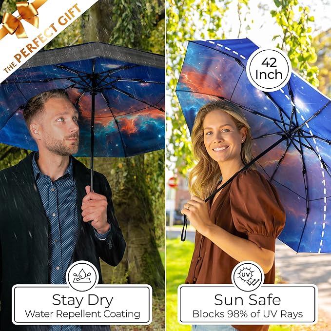 TUMELLA Strongest Windproof Travel Umbrella (Compact, Superior & Beautiful), Small Strong but Light Portable and Automatic Folding Rain Umbrella, Durable Premium Grip, Fits Car & Backpack