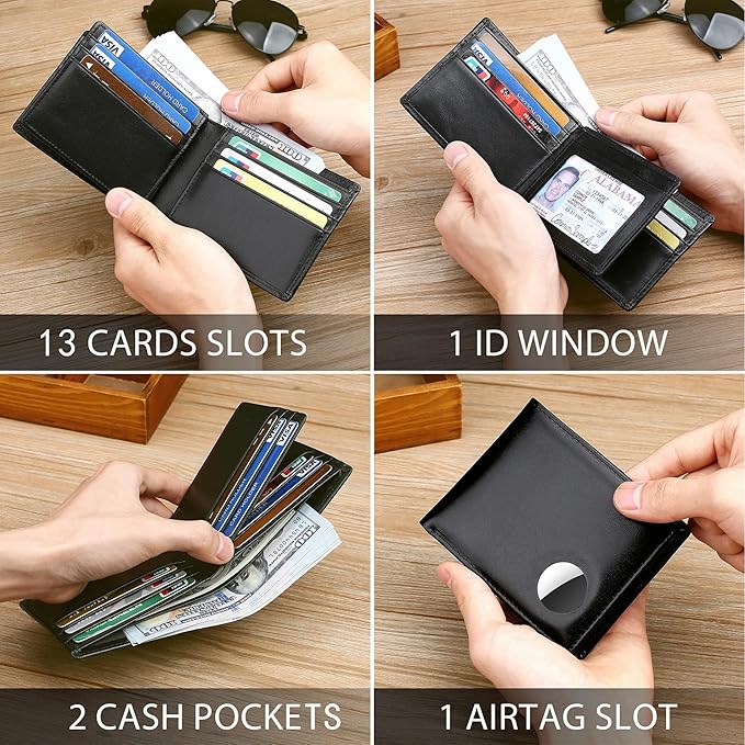 Swallowmall AirTag Wallet Mens RFID Blocking Genuine Leather Bifold Men's Wallet For air tag with 1 ID Window 13 Card Holders Black(Airtag Not included)