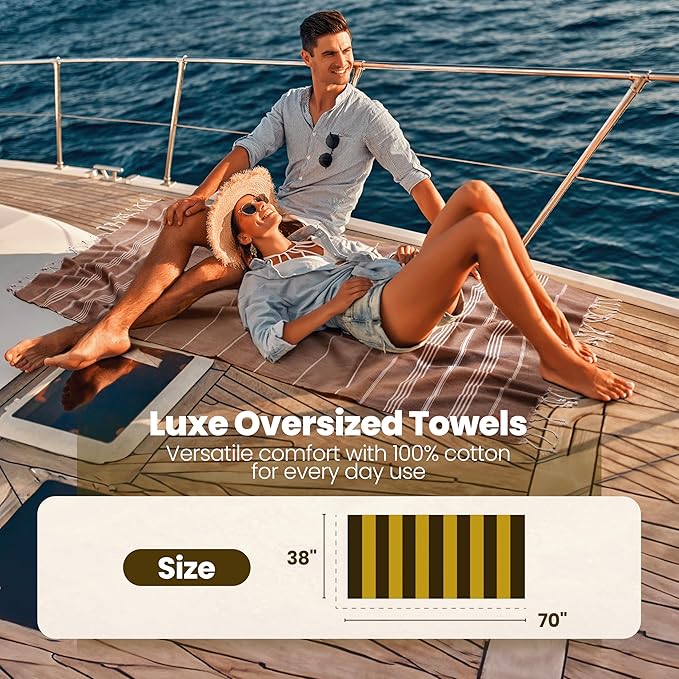 Gold CASE LYCIA Turkish Beach Towel Set of 6 – 100% Cotton Turkish Beach Towels Bulk 70 x 38'' – LYCIA Oversized, Quick Dry & Sand Free Beach Towel – Lightweight Towels Set in Mocha Mousse
