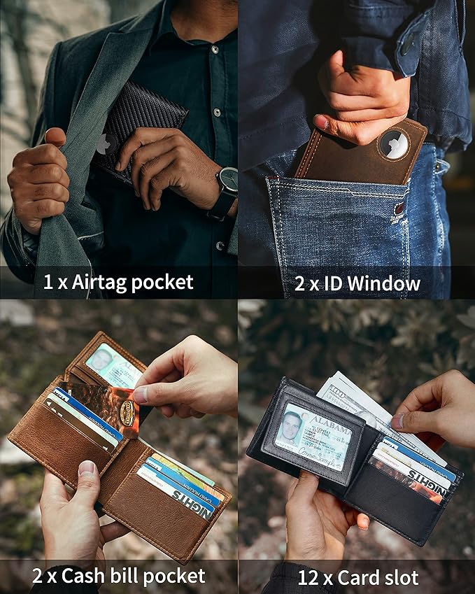 Mens Wallet With AirTag Holder, Bifold Leather RFID Blocking 1-2 ID Windows 12-13 Card Holders, Gift Box and Screen Protector Included, AirTag Not Included