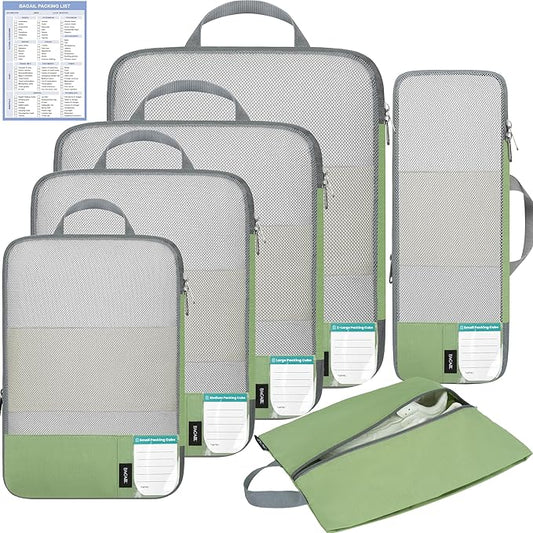 BAGAIL 6 Set/4 Set Lightweight Compression Packing Cubes with Packing List, Anti-Tearing Expandable Organizer Bags for Travel