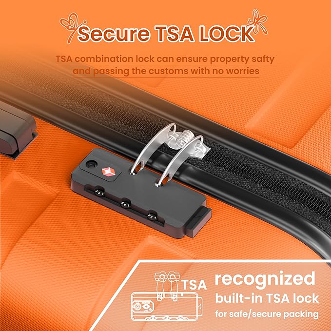 AnyZip Luggage Sets 3 Piece Hardshell Suitcase Set PC ABS Lightweight Travel Suitcases with 4 Double Spinner Wheels TSA Lock 20 24 28 Inch Orange