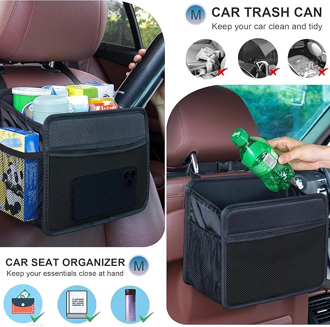 Car Seat Back Organizer Hanging Bag [2025 UPDATED] Foldable Backseat Storage Caddy with 5 Compartments & Adjustable Straps, Fits for Front/Back Headrest, Ultra-Durable - Black