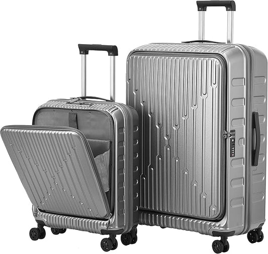 2 Pieces 20/29 Luggage Sets, 20 Inch Cabin Luggage with Front Pocket & 29 Inch Side Opening Suitcase, Ligthweight ABS+PC Hardshell, Gray