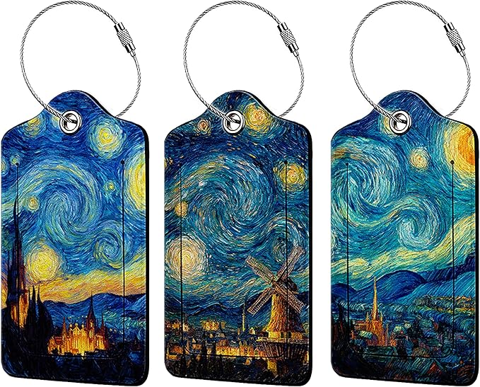 Stary Night 3 Pack Luggage Tags for Suitcases, PU Leather Baggage Suitcases Tag Name ID Label Privacy Cover Travel Bag Tags for Women Men Boys Girls