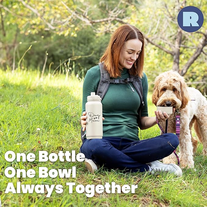Dog Mom Water Bottle - 32 oz Stainless Steel Double Wall Insulated with 8 oz Detachable Bowl on Bottom - Cool Dog Mom Gifts for Women for Christmas, Birthdays or Gift from The Doggy - DM Cream