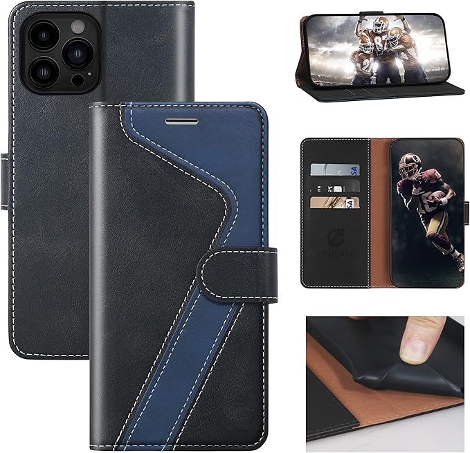 CIVICASE for iPhone 13 Pro Max Wallet Case,Leather Flip Case [RFID Blocking] Credit Card Holder Folio Magnetic Stand TPU Shockproof Cover Color Matching for iPhone 13 Pro Max (6.7") Black Blue