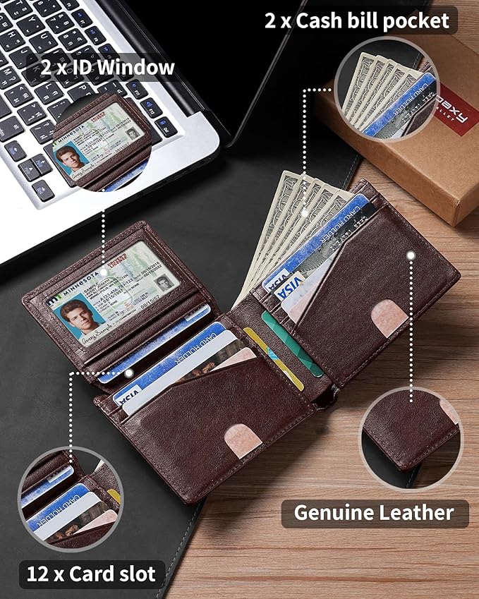 Artpaxy Mens Wallet Bifold Genuine Leather RFID Blocking Wallet for Men with 2 ID Windows 12 Card Holders 2 cash pockets 1 Gift Box