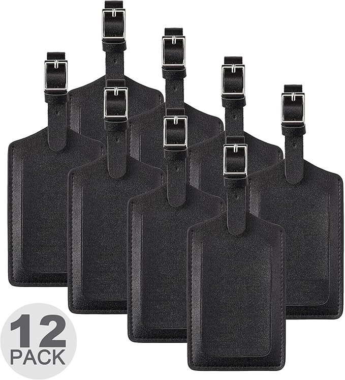 Travelambo 12 Pack Luggage Tags Faux Leather for Suitcases Travel Bag Labels with Protection Cover ID (Black)