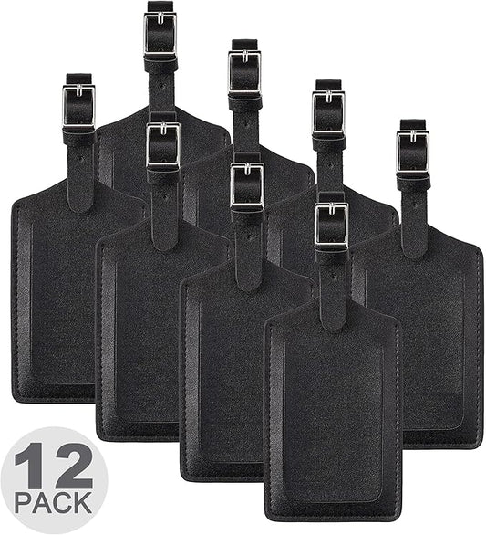 Travelambo 12 Pack Luggage Tags Faux Leather for Suitcases Travel Bag Labels with Protection Cover ID (Black)