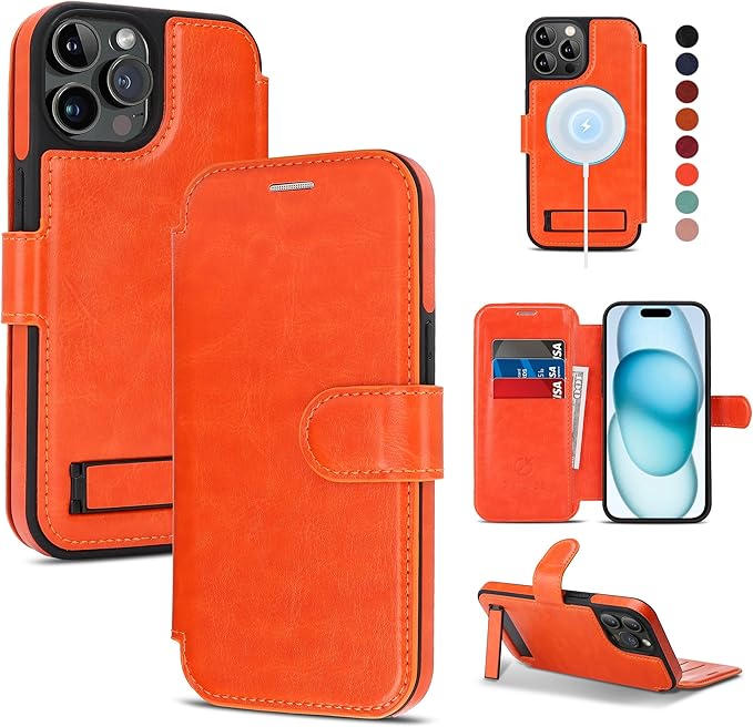 CIVICASE for iPhone 15 Pro Max Wallet Case with Stand,PU Leather Flip Credit Card Holder Slots (RFID Blocking),Compatible with Magsafe Magnetic Holder Phone Cover Women Men,Orange